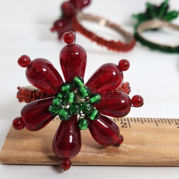 6 Red Green Glass Beaded Napkin Rings Holders Floral Set vtg holiday Christmas - Picture 10 of 11